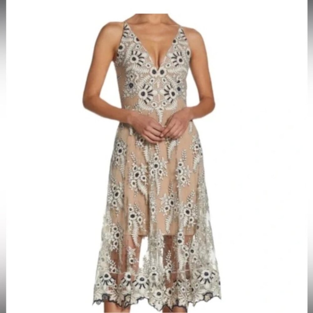 Dress the Population Audrey Plunging A-line Midi Lace Sheer Ivory/ Navy Size Med